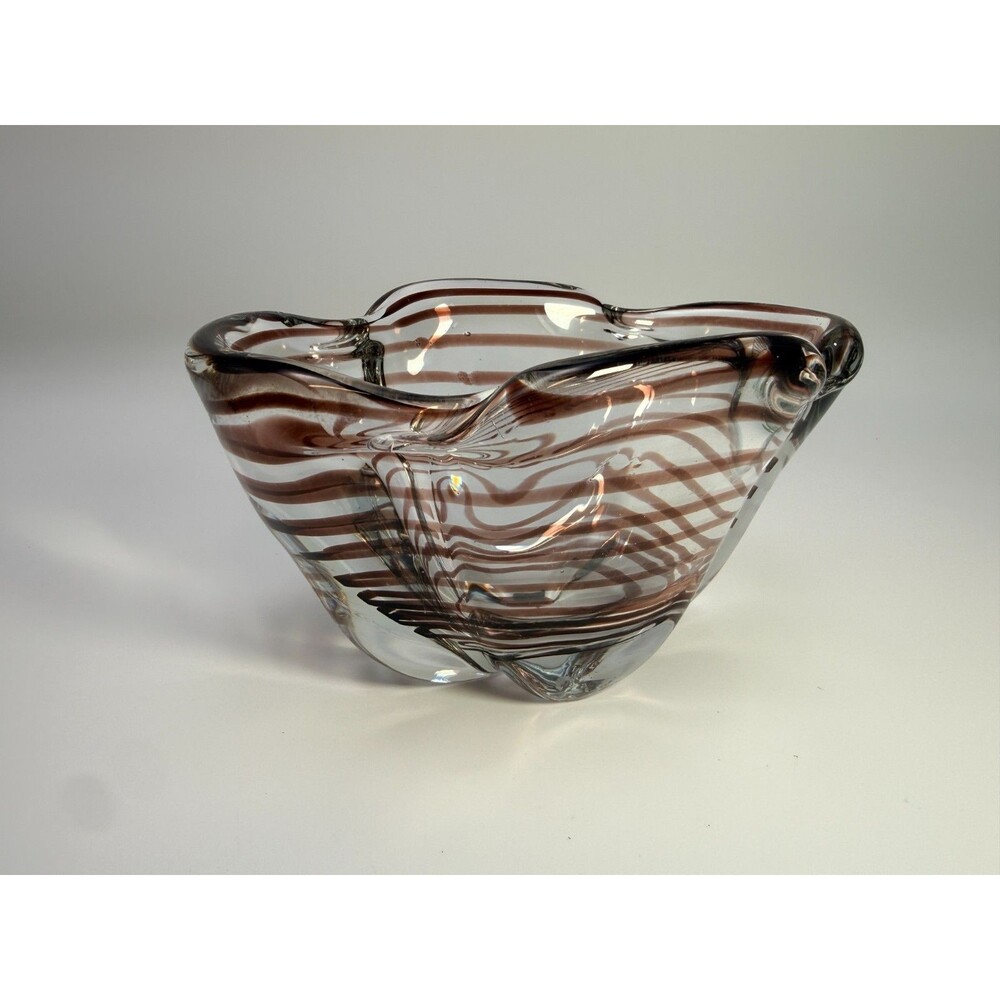 Vintage Hand-Blown Art Glass Bowl with Ribbon Swirls 7.5"
